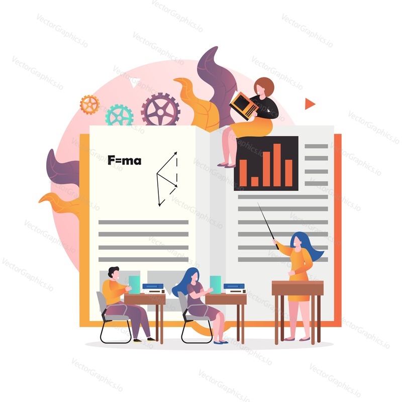 Huge physics textbook and micro characters in class, vector illustration. Teacher pointing at book, students sitting at desks and using tablets. Digital school, online learning, distance education.