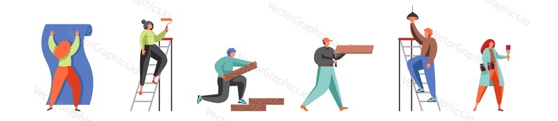 Home repair remodeling renovation professional workers vector flat illustration isolated on white background. Painting wall, installing parquet, wallpapering, interior design, assembling furniture etc
