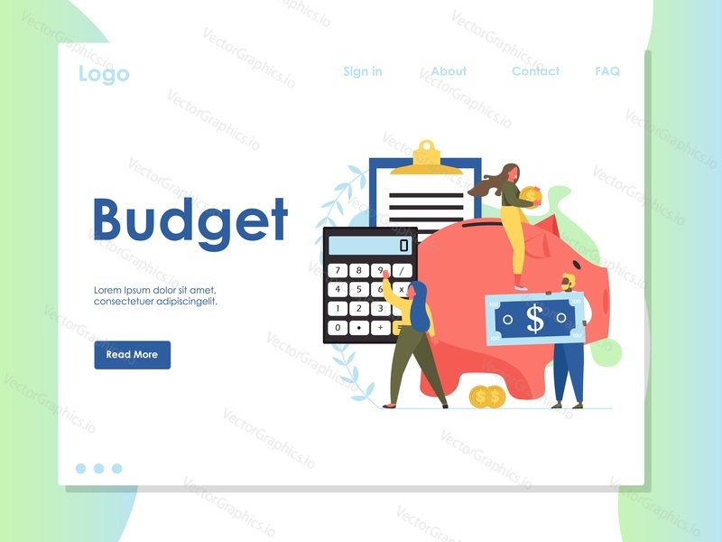 Бюджетный векторный шаблон веб-сайта, дизайн веб-страницы и целевой страницы для разработки веб-сайтов и мобильных сайтов. Концепция составления бюджета и бизнес-планирования компании.
