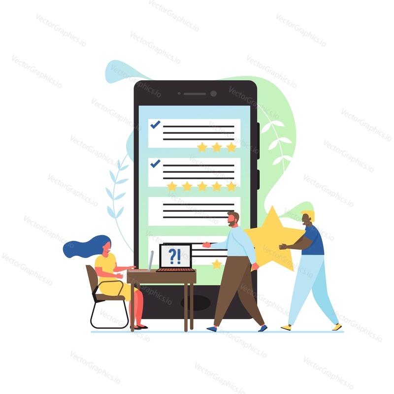 Vector illustration of big mobile phone and tiny people texting messages and posting comments in social networks using digital devices. Social media comments concept for web banner, website page etc.