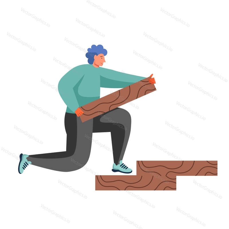 Man carpenter installing parquet, vector flat illustration isolated on white background. Flooring, home apartment repair remodeling renovation services.