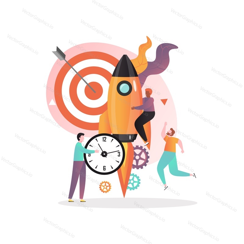 Rocket launch, target, clock business symbols and businessmen cartoon characters, vector illustration. New business project startup process concept for web banner, website page etc.