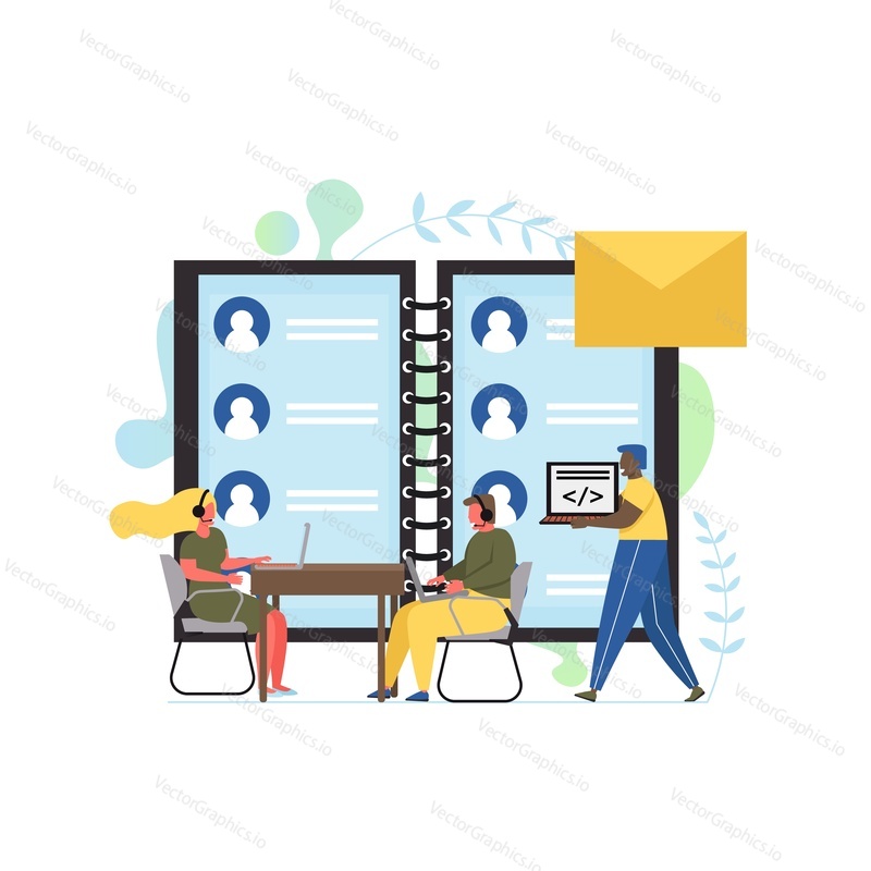 Contact center, vector flat style design illustration. Online customer support services concept with consultants interacting with people via web chat, email communication channels for web banner etc.