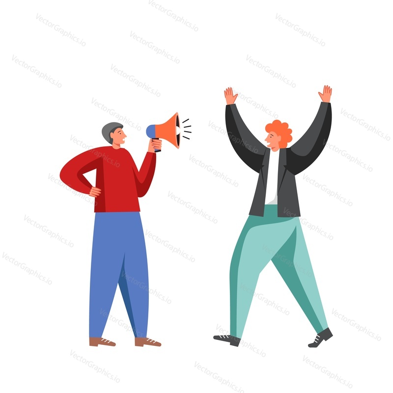 Happy public speaker with raised hands and man with megaphone, vector isolated illustration. Political meeting with candidate, election campaign, public speaking.
