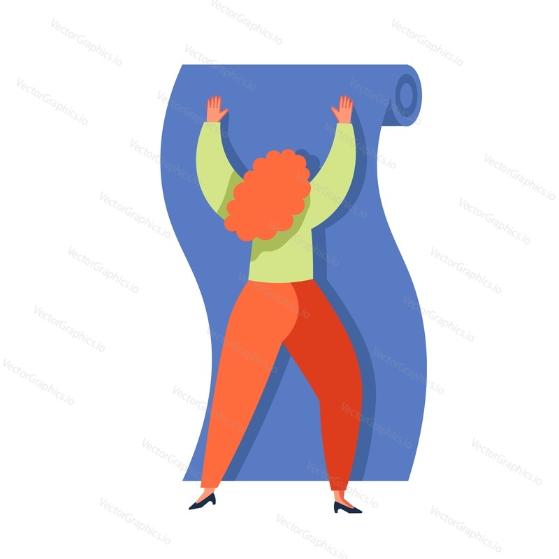 Woman hanging wallpaper, vector flat illustration isolated on white background. Wallpapering, home remodeling, renovation and repair services.