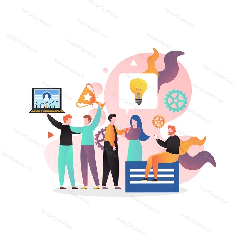 Happy successful business team micro male and female characters celebrating victory, business success, achievements, vector illustration. Teamwork concept for web banner, website page etc.