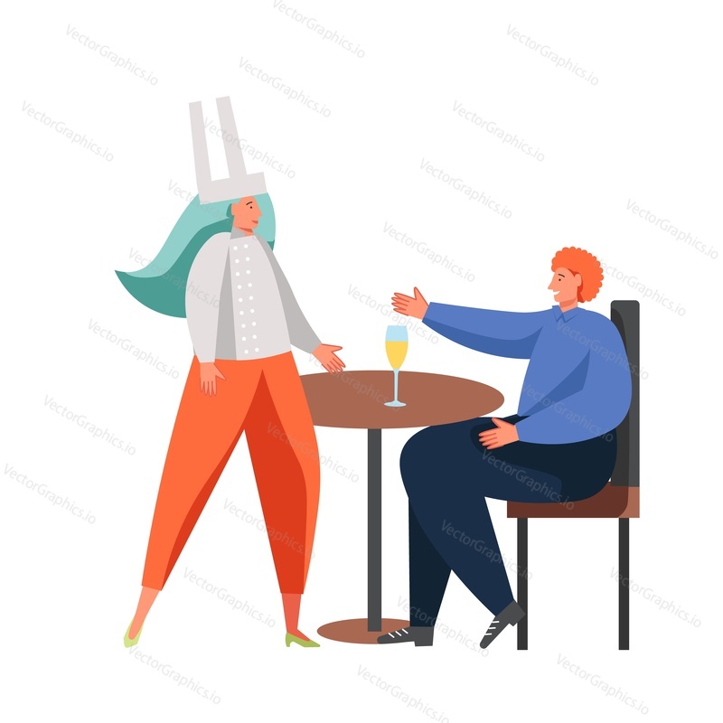 Young man giving compliments to the girl in chef uniform standing next to restaurant table, vector flat illustration isolated on white background. Restaurant catering business.