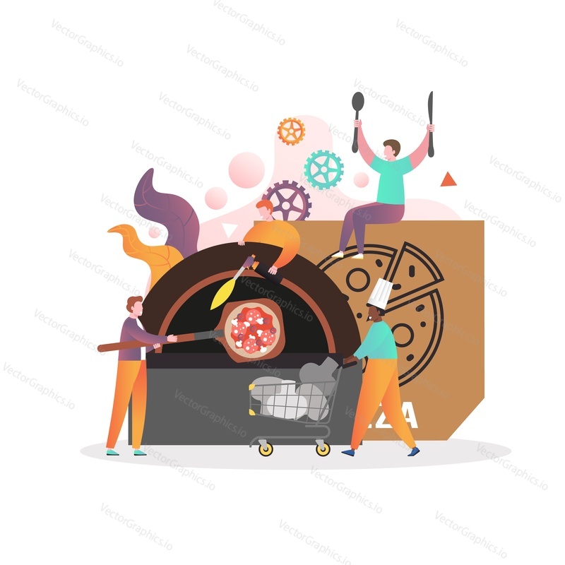 Micro male characters professional restaurant cooks making pizza in traditional wood-fired pizza stove, vector illustration. Pizzeria, fast food restaurant business composition for website page etc.