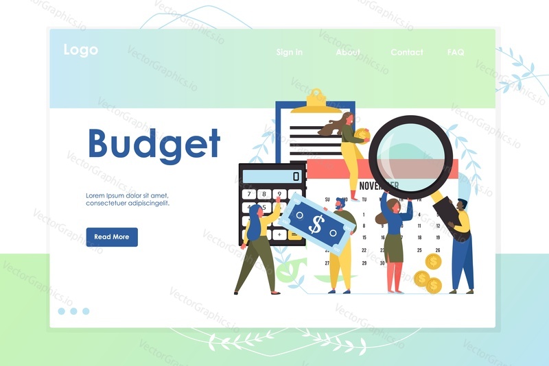 Бюджетный векторный шаблон веб-сайта, дизайн веб-страницы и целевой страницы для разработки веб-сайтов и мобильных сайтов. Процесс планирования бюджета компании, управление бизнес-бюджетом, концепция финансового учета.