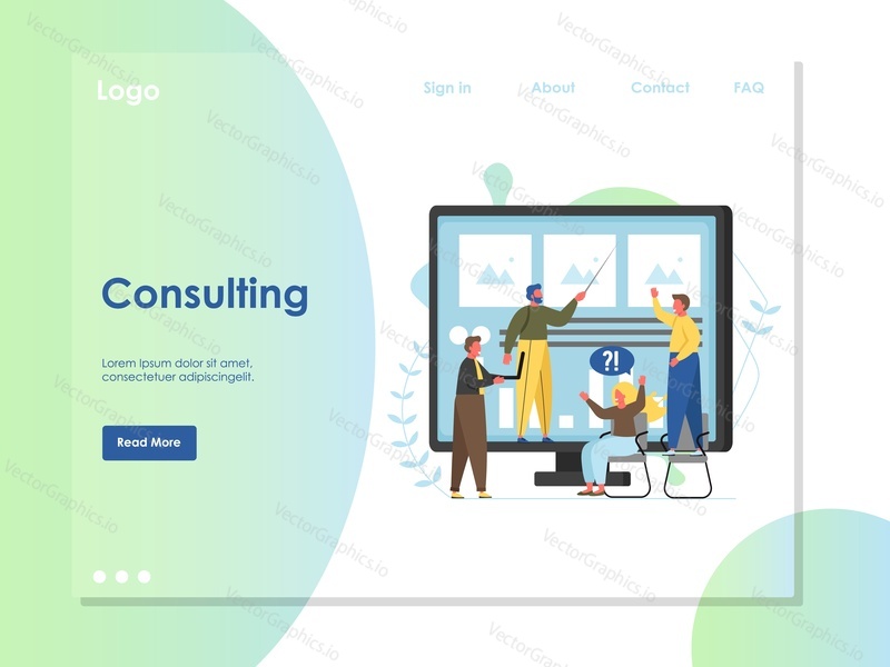 Consulting vector website template, web page and landing page design for website and mobile site development. Professional business consulting services concept.
