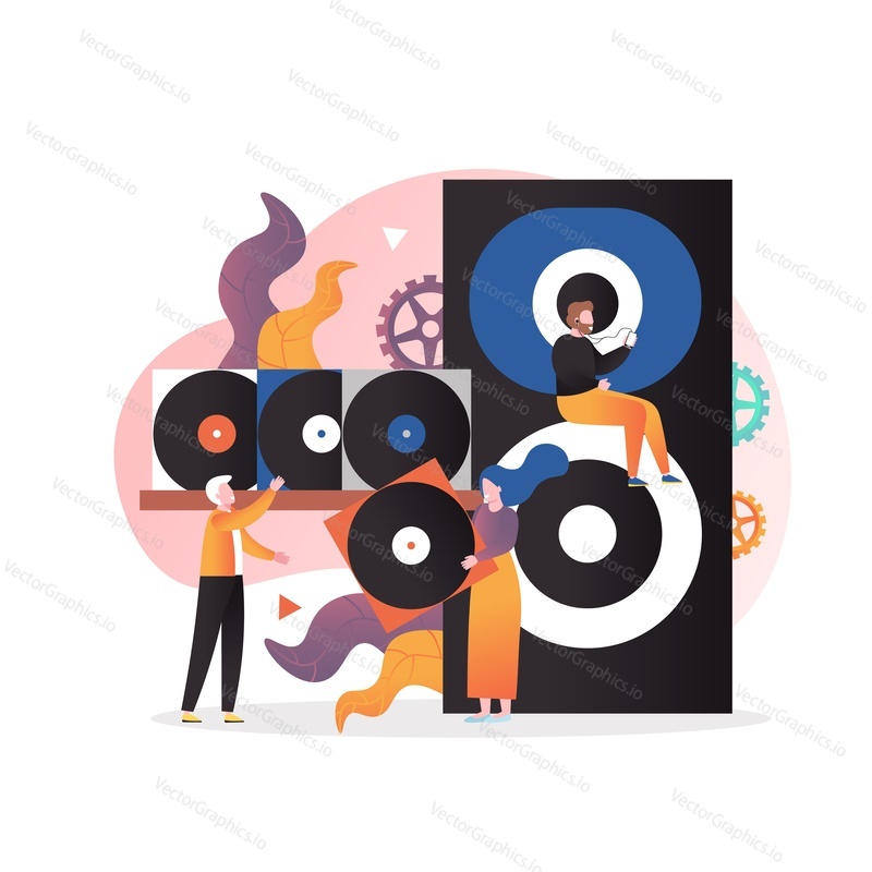 Huge loudspeaker, old vinyl LP records and micro characters listening to music, choosing vinyl plates, vector illustration. Vintage music concept for web banner website page etc.