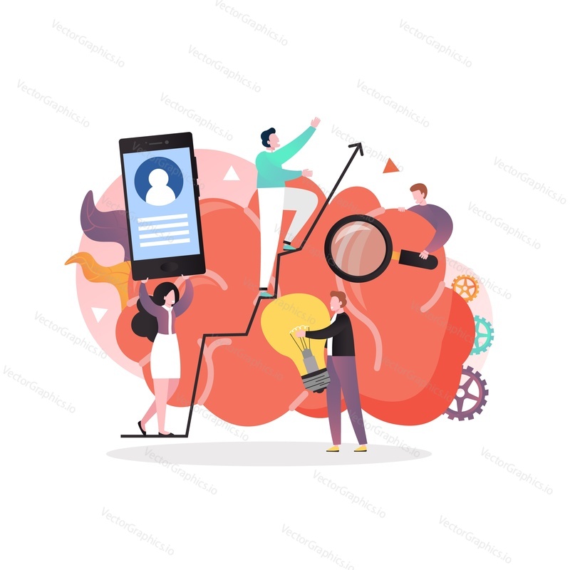 Huge human brain, business people micro male and female characters with light bulb, mobile phone, magnifier, vector illustration. Business startup, idea launching, brainstorm concept.