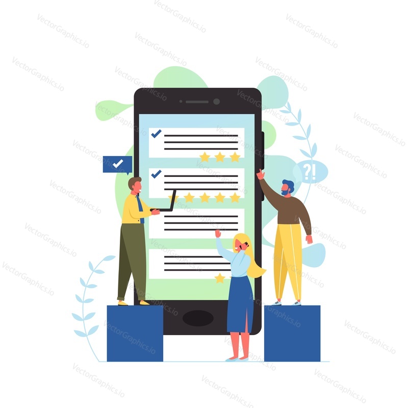 Vector illustration of big smartphone and tiny people followers with mobile devices getting positive feedback in social networks. Social media comments concept for web banner, website page etc.