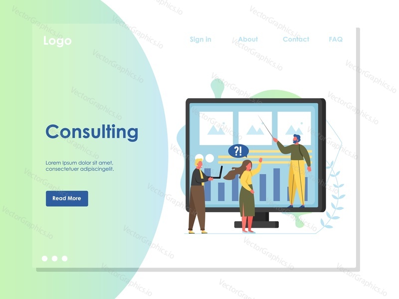 Consulting vector website template, web page and landing page design for website and mobile site development. Online business consultation services concept.