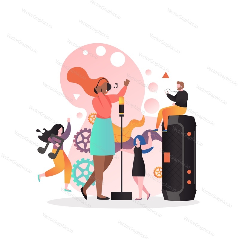 Micro male and female characters dancing and listening to song of girl singing with microphone, vector illustration. Restaurant singer, live music concert.