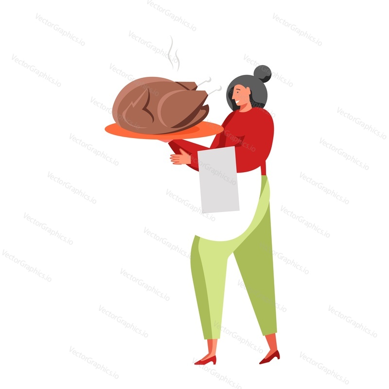 Restaurant waitress cartoon character serving delicious roasted chicken on tray, vector flat illustration isolated on white background. Restaurant catering business.