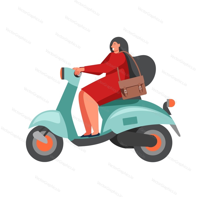 Молодая женщина едет на скутере с почтовой сумкой через плечо, векторная плоская иллюстрация, изолированная на белом фоне. Почтовые услуги, концепция доставки корреспонденции для веб-баннера, страницы веб-сайта и т.д.