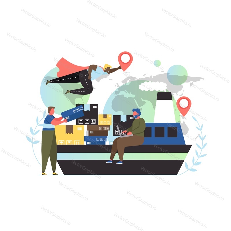 Worldwide delivery service, vector flat style design illustration. Global logistics, maritime shipping concept with people, cargo ship with parcels, cardboard boxes for web banner, website page etc.