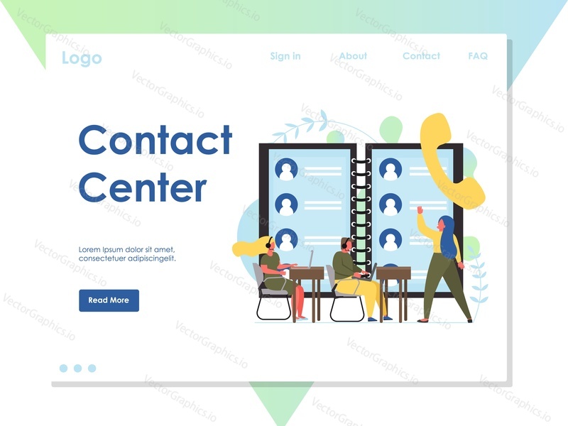 Contact center vector website template, web page and landing page design for website and mobile site development. Helpline telephone service, call center, customer email, chat, voice support services.
