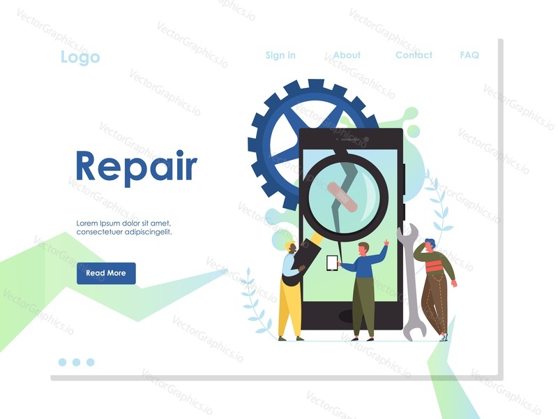 Repair vector website template, web page and landing page design for website and mobile site development. Mobile phone repair, fix phone screen services concept.
