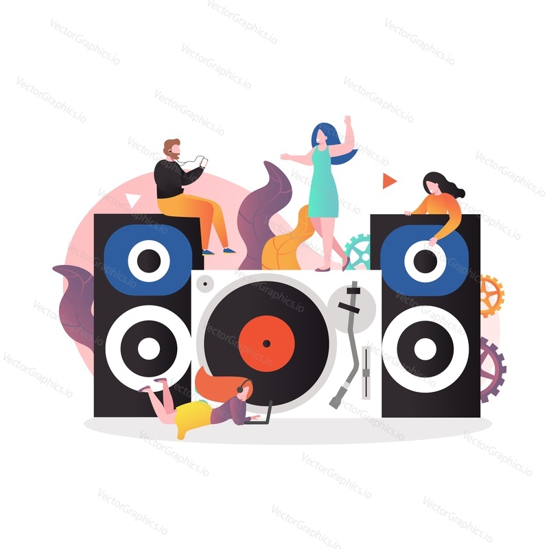 Vector illustration of huge vintage vinyl record player or gramophone, loudspeakers and micro male and female characters with headphones listening to old retro music, dancing.