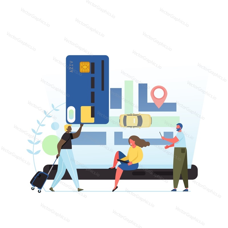 Taxi online, vector flat style design illustration. City map with location pin and yellow taxicab, people with bank card, smartphone. Mobile app for booking taxi, online payment concept for web banner