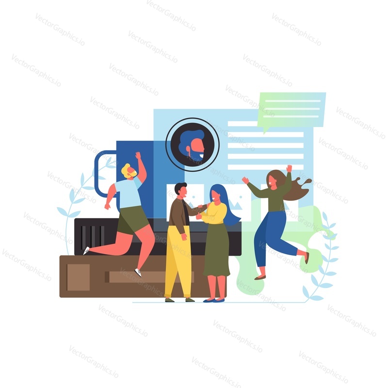 About us, vector flat style design illustration. About us, business company page with organizational profile, contact information etc. concept for web banner, website page etc.