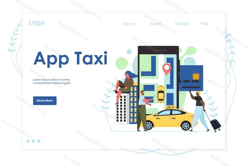 Приложение такси векторный шаблон веб-сайта, дизайн веб-страницы и целевой страницы для разработки веб-сайтов и мобильных сайтов. Приложение службы такси, концепция мобильных платежей.