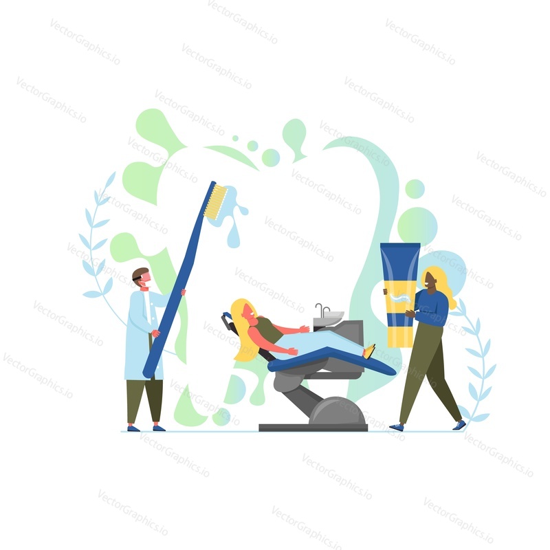 Professional dental care, vector flat illustration. Big tooth and tiny woman patient in dentist chair, doctor with toothbrush and assistant with toothpaste. Tooth healthcare, teeth whitening concept.