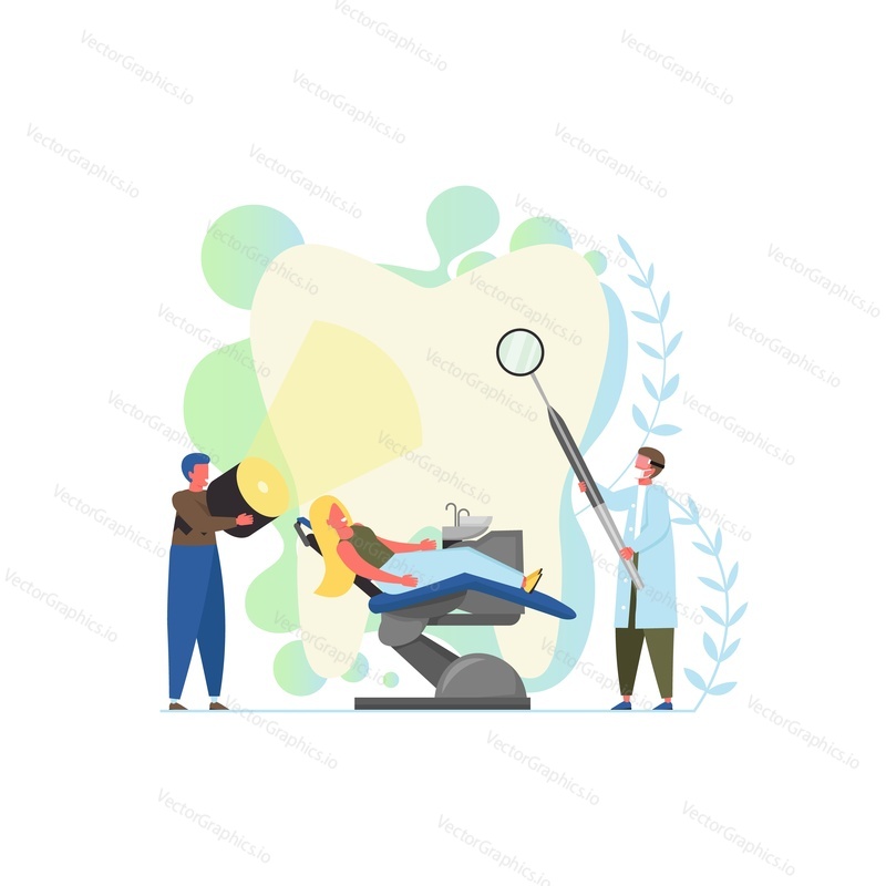 Professional dental care, vector flat style design illustration. Big tooth and tiny woman in dentist chair, doctor with dentist mirror. Medical dental checkup, tooth treatment, oral health concept.