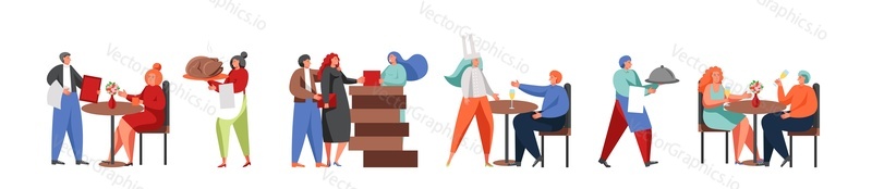 Restaurant staff and visitors male and female characters, vector flat illustration isolated on white background. Restaurant catering business.