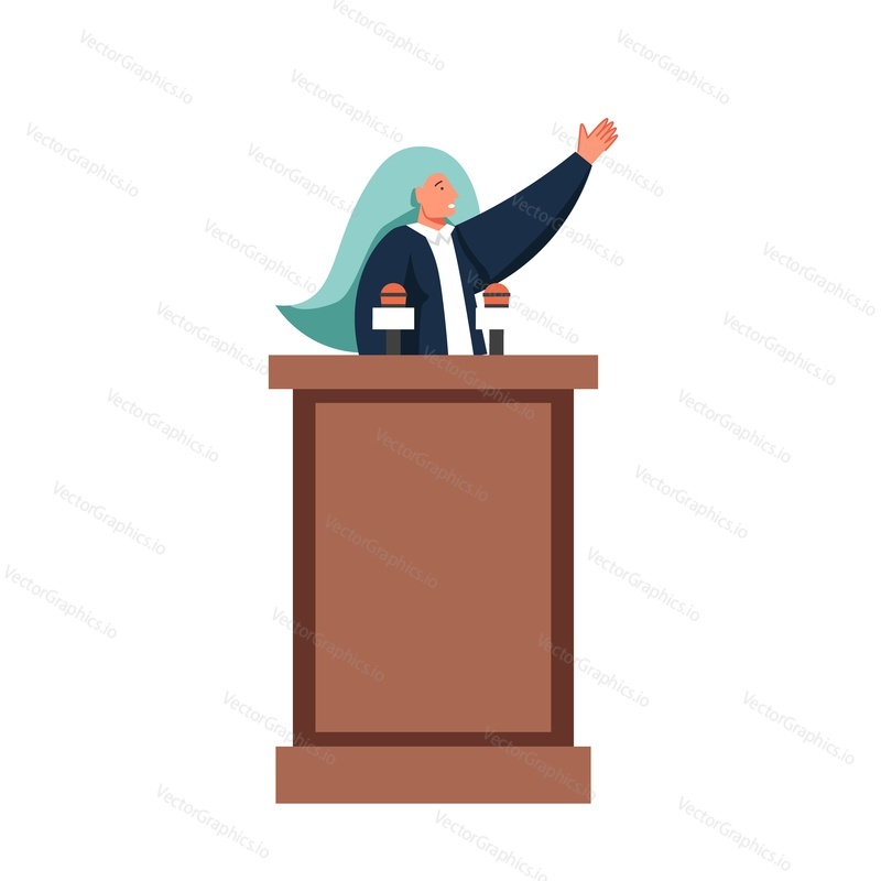 Politician, public speaker, lady candidate speaking from rostrum with raised hand, vector flat isolated illustration. Election campaign, public speaking, political meeting and election speech.