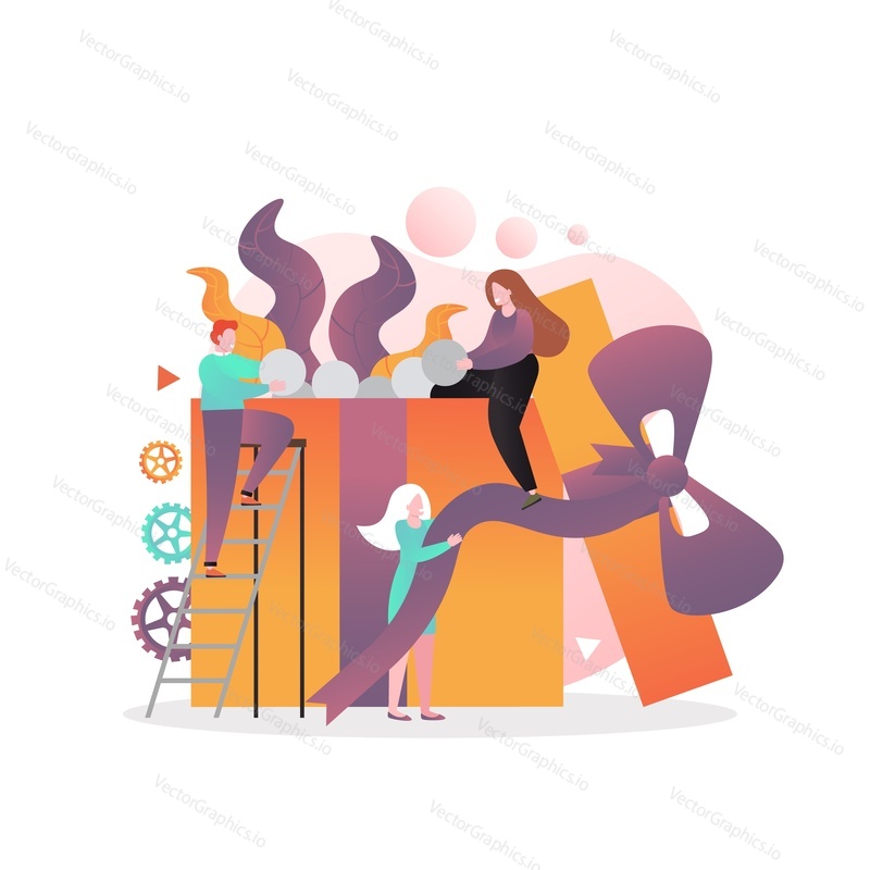 Micro male and female characters packing gift into huge box with ribbon, vector illustration. Present concept for web banner, website page etc.