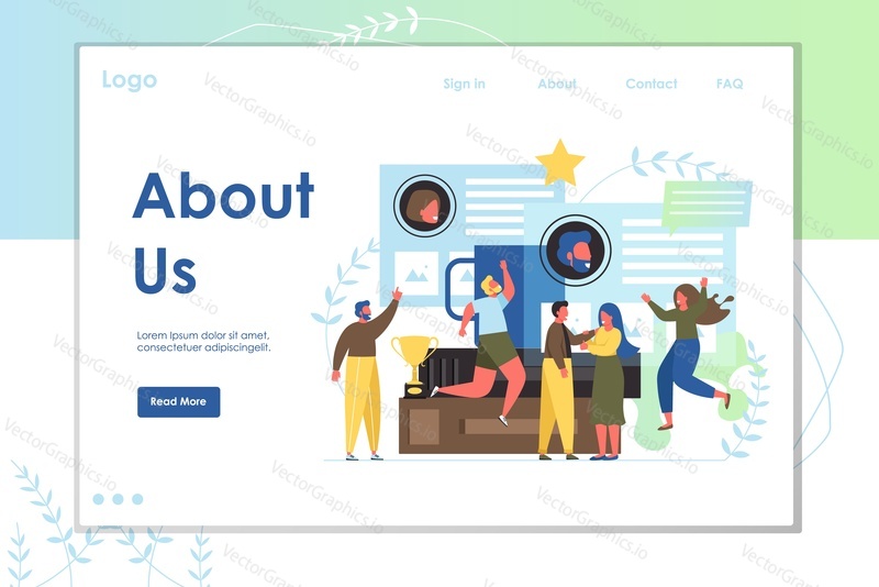About us vector website template, webpage and landing page design for website and mobile site development. Company page with organizational profile, contact information, business history, achievements