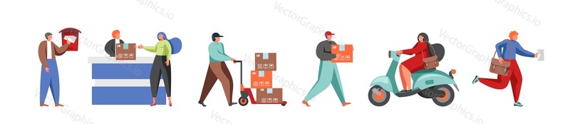 Postal mail delivery service male and female cartoon characters, vector flat illustration isolated on white background. People delivering, receiving and sending parcels and correspondence.
