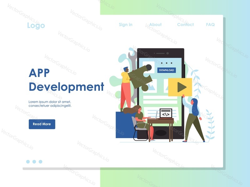 App development vector website template, web page and landing page design for website and mobile site development. Tiny people software application developers building big smartphone user interface.