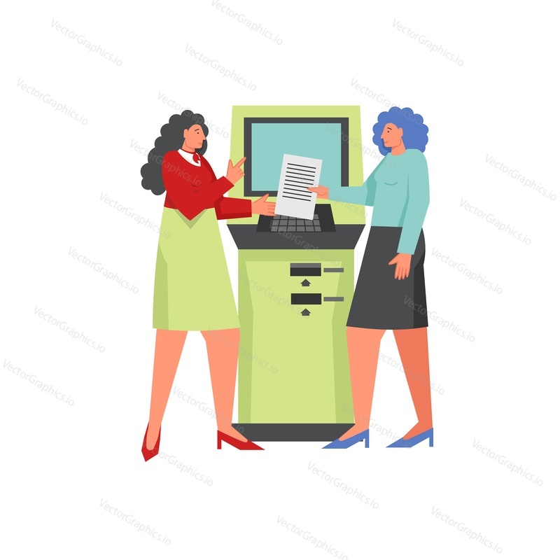 Banking service through automated teller machine, vector flat style design illustration isolated on white background. ATM transaction concept with bank manager and customer for web banner webpage etc.