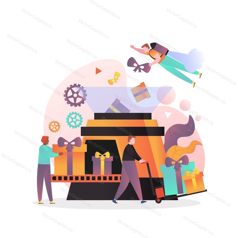 Micro male characters workers working on huge factory gift packing conveyor, vector illustration. Present factory concept for web banner, website page etc.