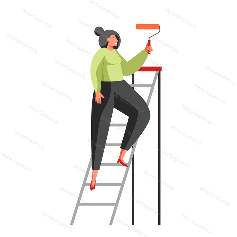 Женщина-художник с малярным валиком, стоящая на лестнице, векторная плоская иллюстрация, изолированная на белом фоне. Покраска стен, ремонт дома, квартиры, услуги по реконструкции и ремонту.