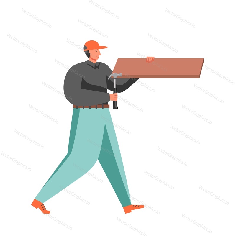 Man furniture assembler repairman holding shelf and hammer, vector flat illustration isolated on white background. Assembling furniture, home apartment repair remodeling renovation services.