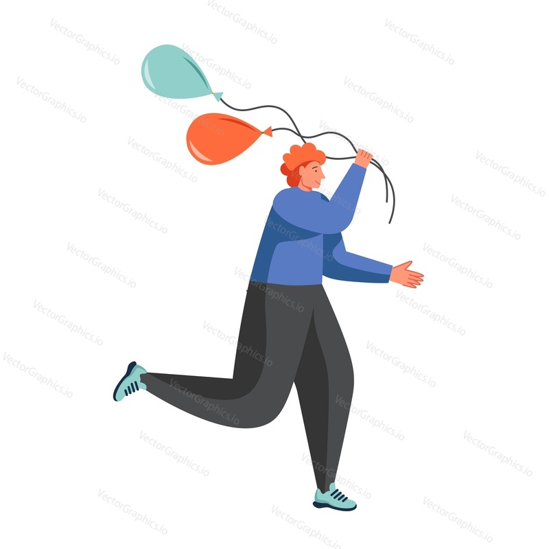 Happy young man running with balloons, vector flat illustration isolated on white background. Happy birthday anniversary corporate party or other event celebration.