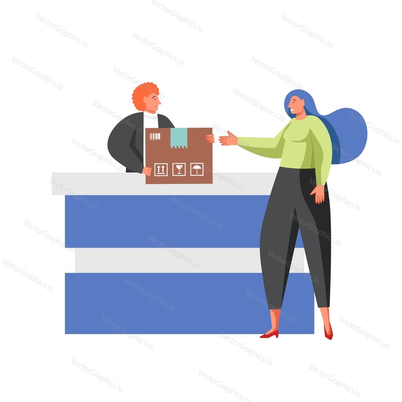 Woman receiving parcel at the post office, vector flat illustration isolated on white background. Postal mail delivery service, receiving and sending parcels concept for web banner, website page etc.