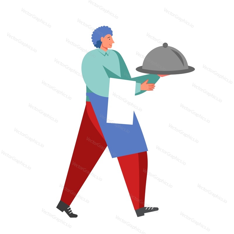 Restaurant waiter cartoon character serving dish in silver platter with lid, vector flat illustration isolated on white background. Restaurant catering business.