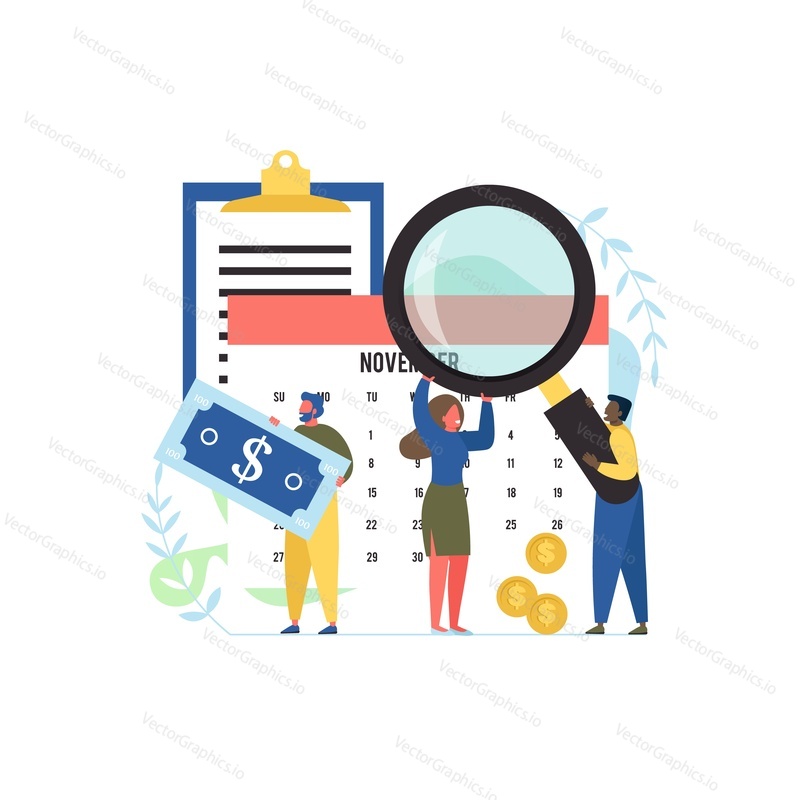 Company budget vector flat style design illustration. Budget planning, financial accounting, management concept with tiny people holding big magnifying glass, calendar for web banner website page etc.