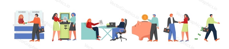 Bank people icon set, vector flat illustration isolated on white background. Bank office situations with staff providing customer services, ATM. Banking business concept for web banner, website page.