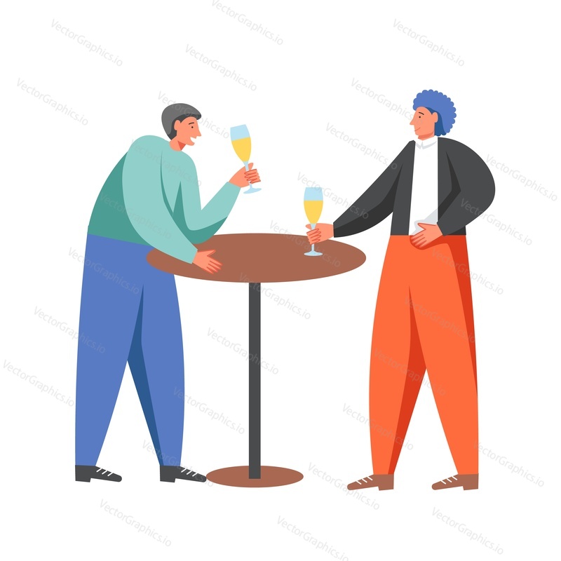 Two happy men with wine glasses, vector flat illustration isolated on white background. Happy birthday anniversary corporate party or other event celebration.