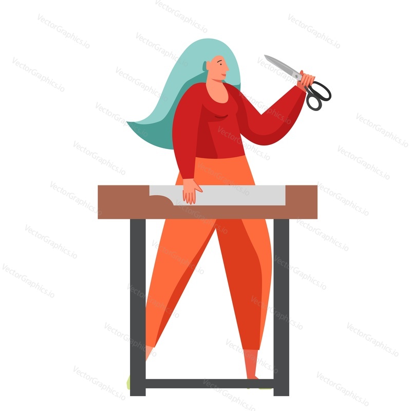 Seamstress designer creating sewing clothing pattern using scissors, vector flat illustration isolated on white background. Atelier, garment factory, clothing workshop, sewing studio.