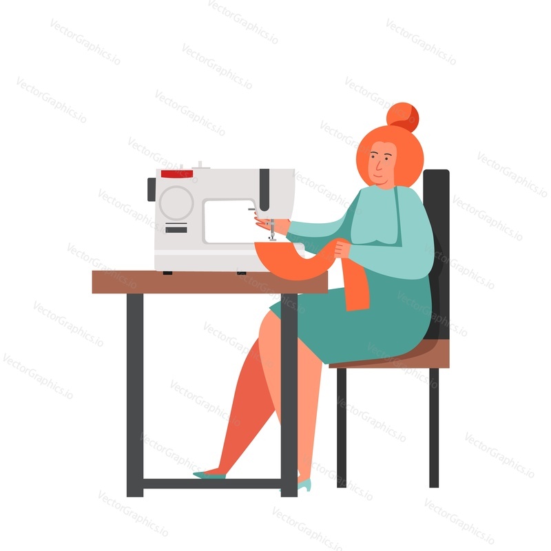 Seamstress sewing on electric sewing machine, vector flat illustration isolated on white background. Tailoring shop, atelier, garment factory, fashion sewing studio, custom clothing.