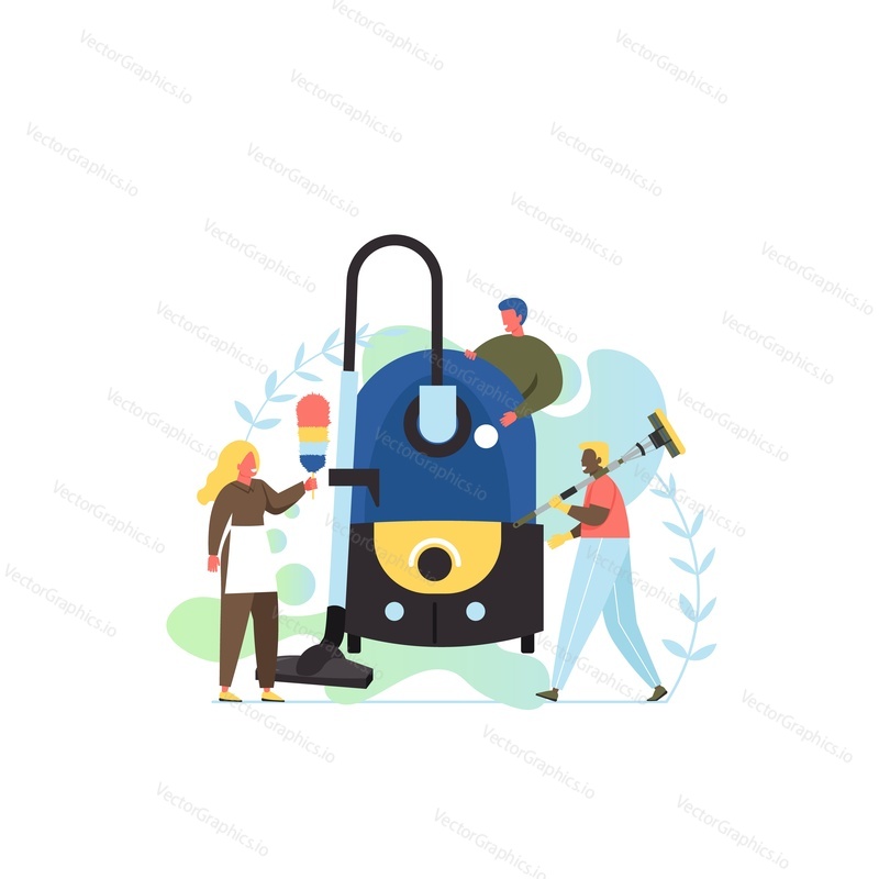Cleaning company services vector flat style design illustration. Spring house cleaning concept with big vacuum cleaner and tiny characters for web banner, website page etc.