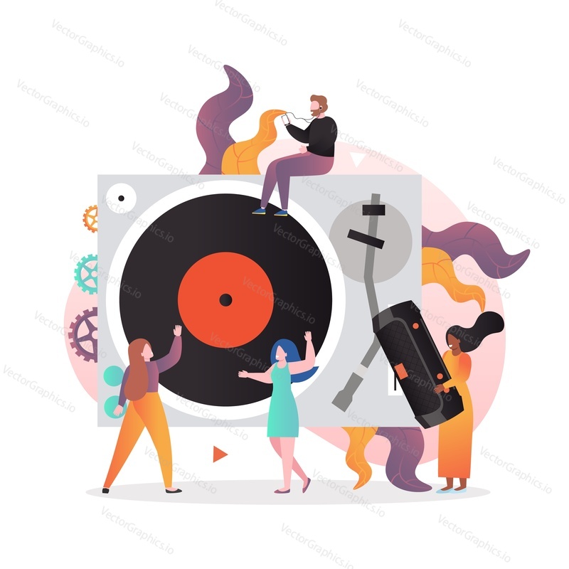 Huge vintage turntable with vinyl record and micro male and female characters listening to old retro music and dancing, vector illustration. Ancient musical tech concept for web banner, website page.